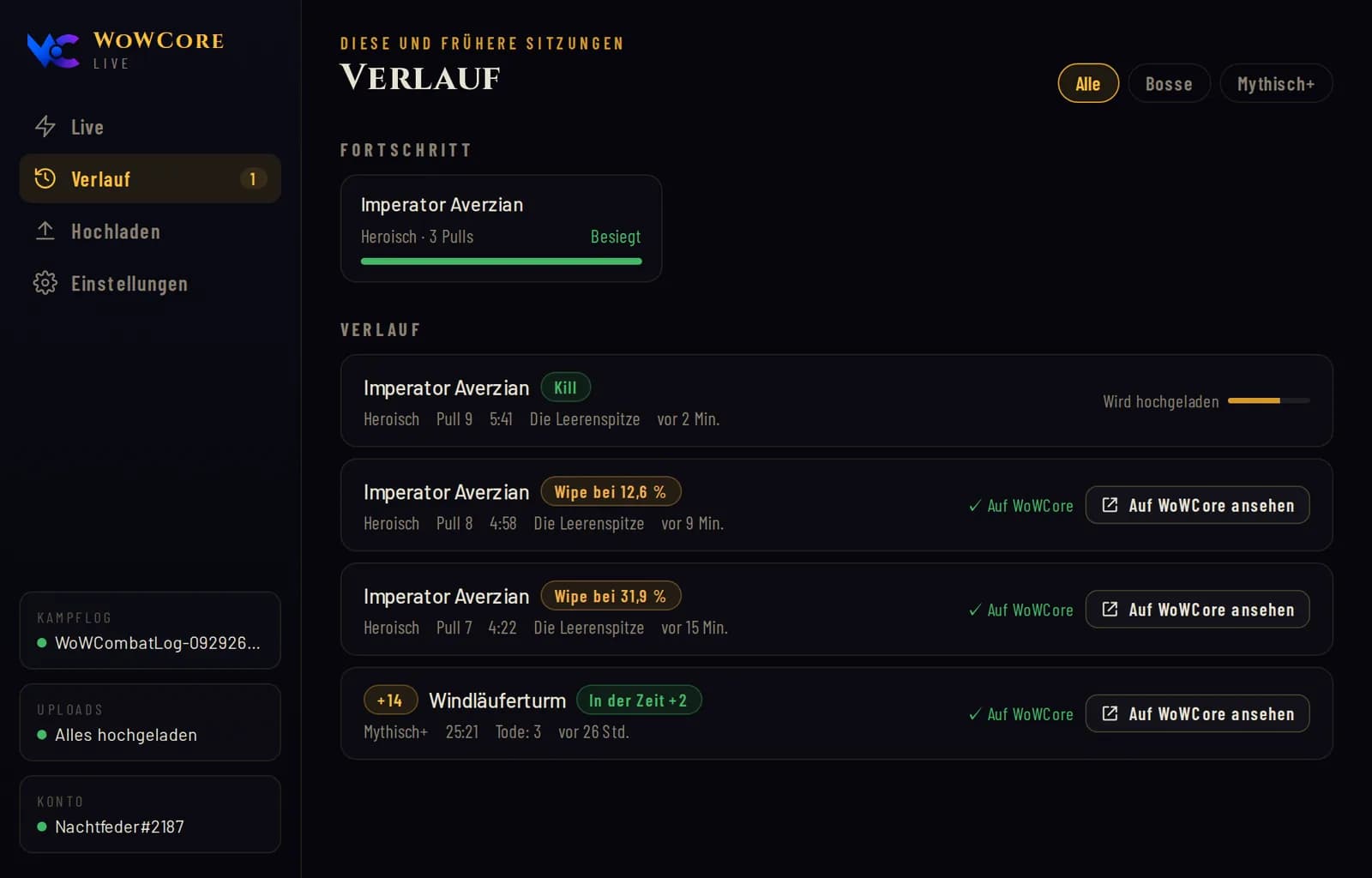 Bildschirmfoto von WoWCore Live: Verlauf mit Pulls, Kill und Schlüsselstein, hochgeladen auf WoWCore