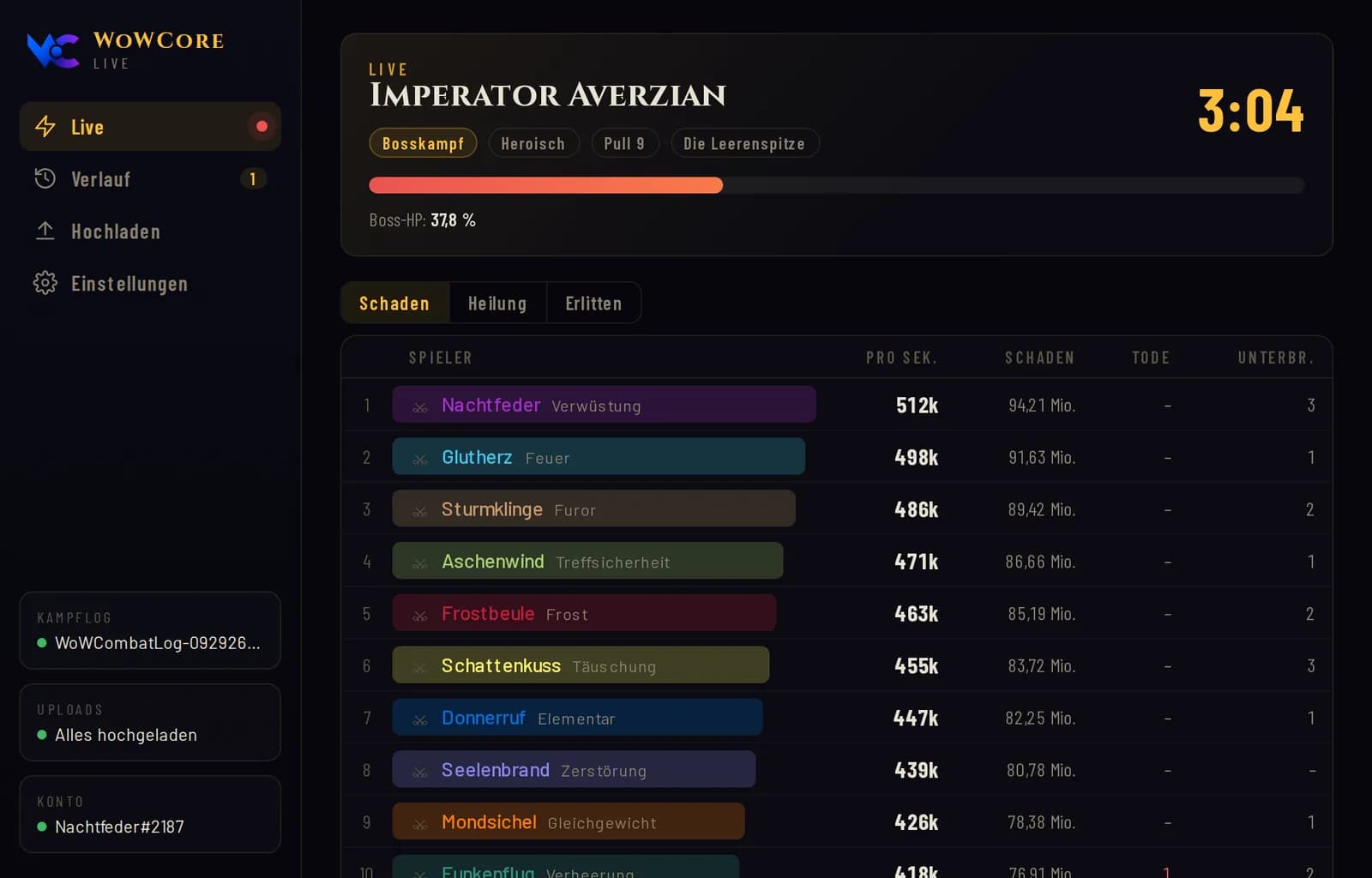 Bildschirmfoto von WoWCore Live: Live-Meter eines heroischen Bosskampfs mit 20 Spielern